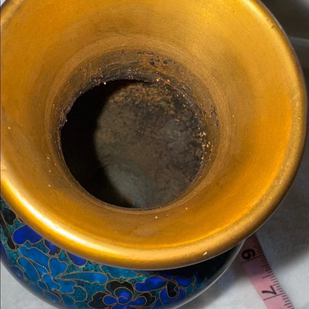Vintage Chinese Cloisonne Vase Blue Floral Enamel Brass Accents 8 Inch Decor
